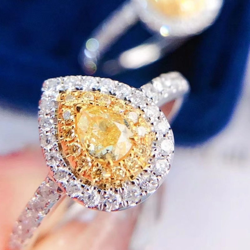18K твърдо злато 0.65ct вода капка жълт диамантен камък 1.9g годежен пръстен за момиче